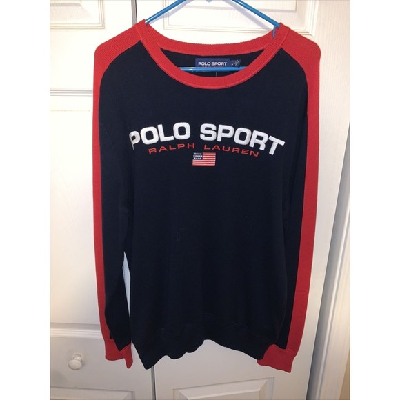NWT Polo Sport Ralph Lauren Men's Crewneck Flag Sweater Pullover Navy Red Size-M - Picture 1 of 3